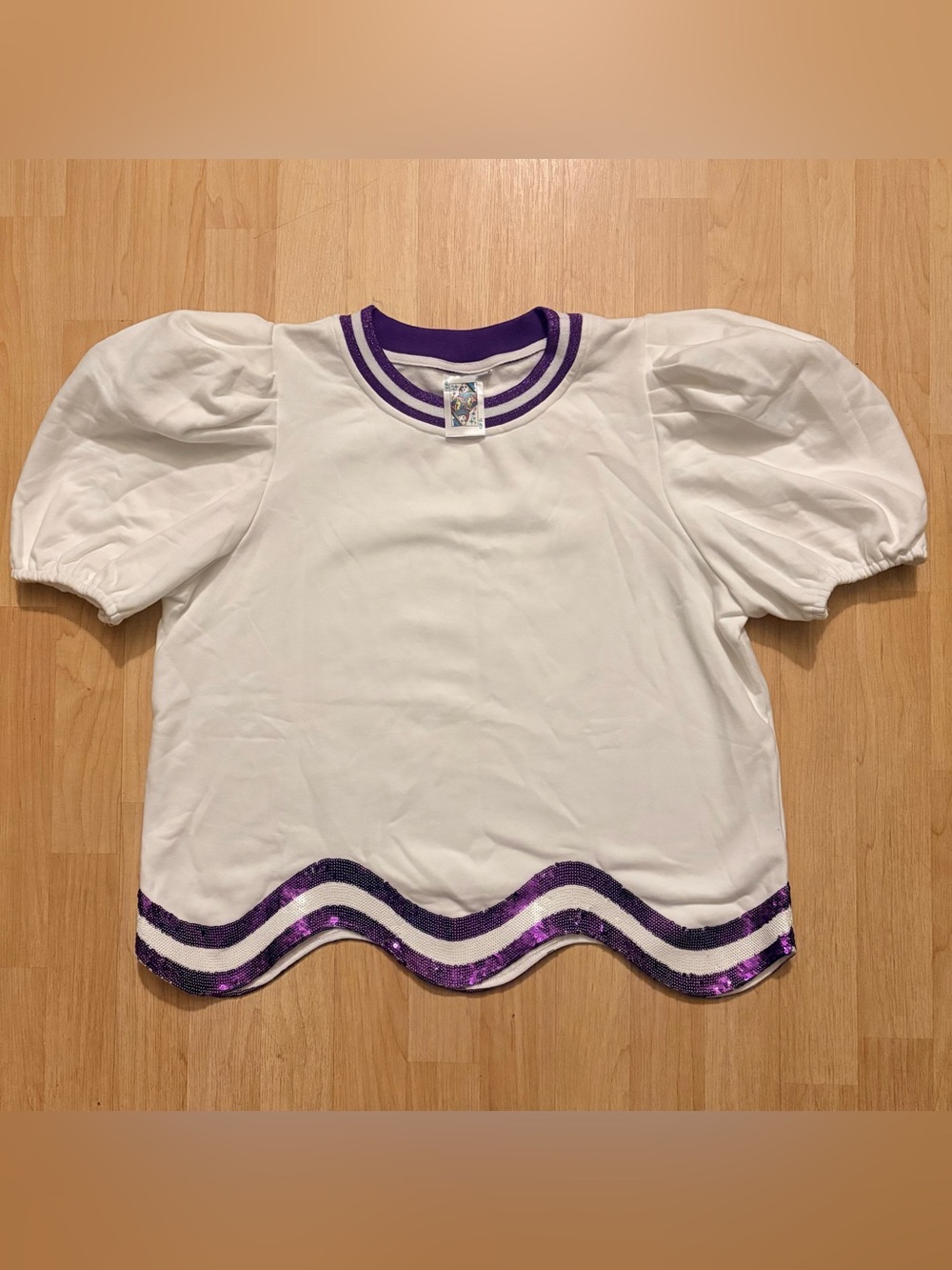 QUEEN OF SPARKLES Purple Puff-Sleeve Top with Contrast Stripe Sequin Trim